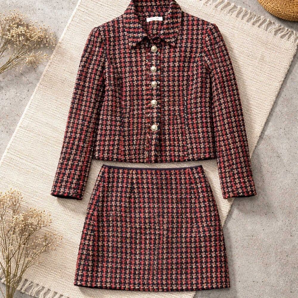 Just Me Skirt Suit Set Womens S Burgundy red orange Navy Tweed Plaid Lined 2pc - Picture 2 of 6